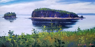 Photo of Painting of Two Islands by Alan Bull at the 2019 Plarrsboro International Plein Air Festival